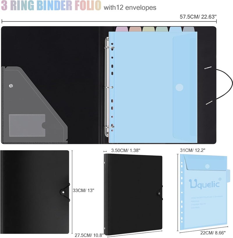 Uquelic A4 Binder, Folio Document Organizer with 12 Pockets, 3 Ring Folder Letter Size/A4, Cute Life Binder for Paper, Files, Photos, Letters, Cards(Macaron 2 Pack) - Image 3